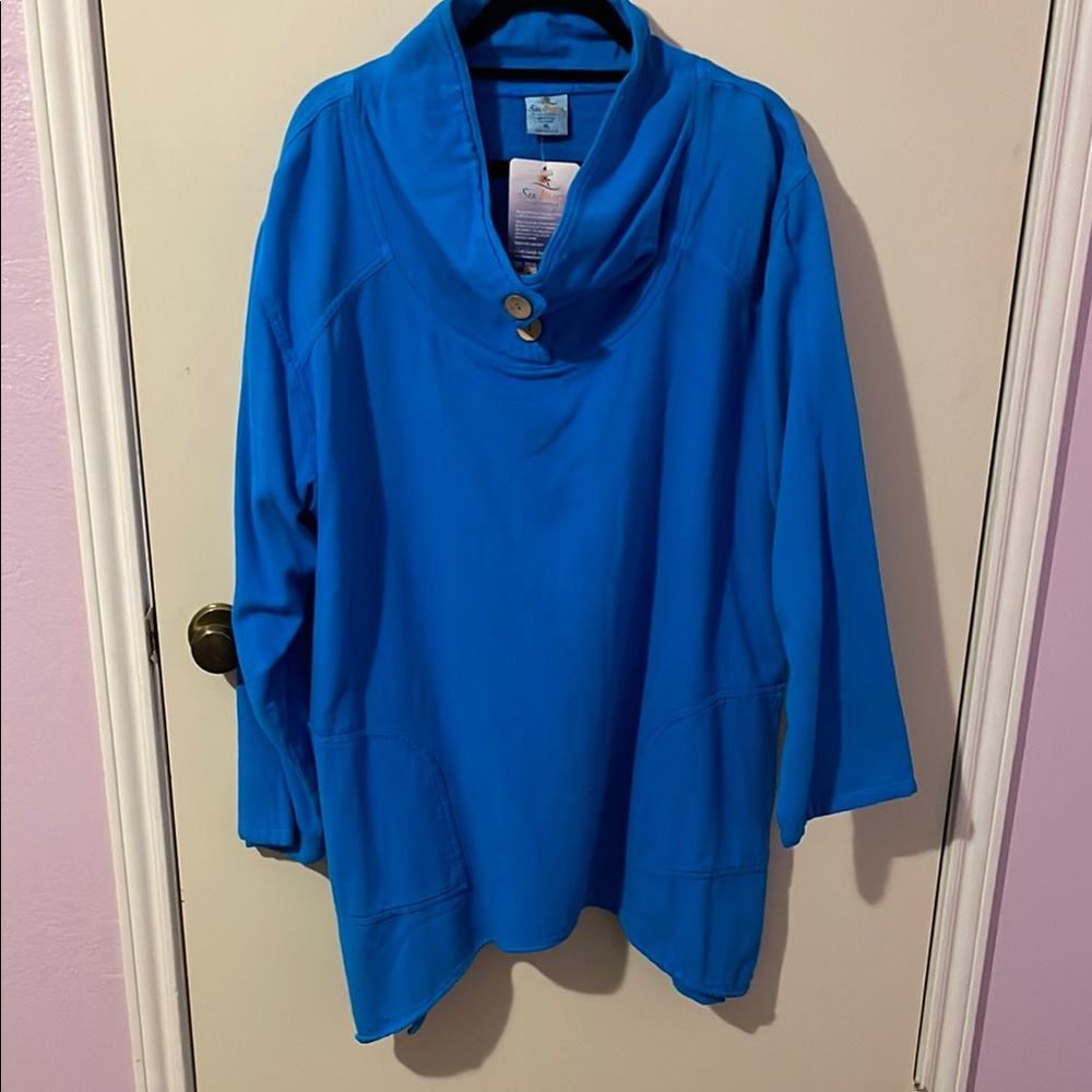 Blue Oversized 3/4 Sleeve Tunic with Mandarin Collar
